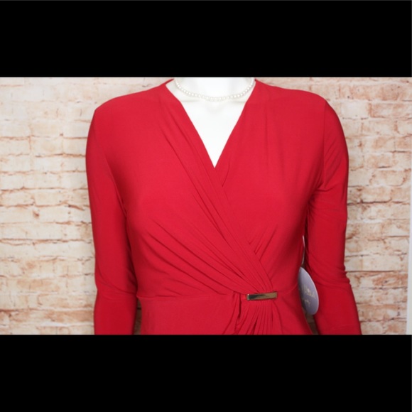 Emma & Michelle | Red Gathered Surplice Dress - Picture 6 of 13
